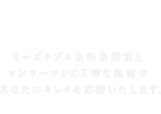 リーズナブルな料金設定とマンツーマンの丁寧な施術であなたのキレイを応援いたします。